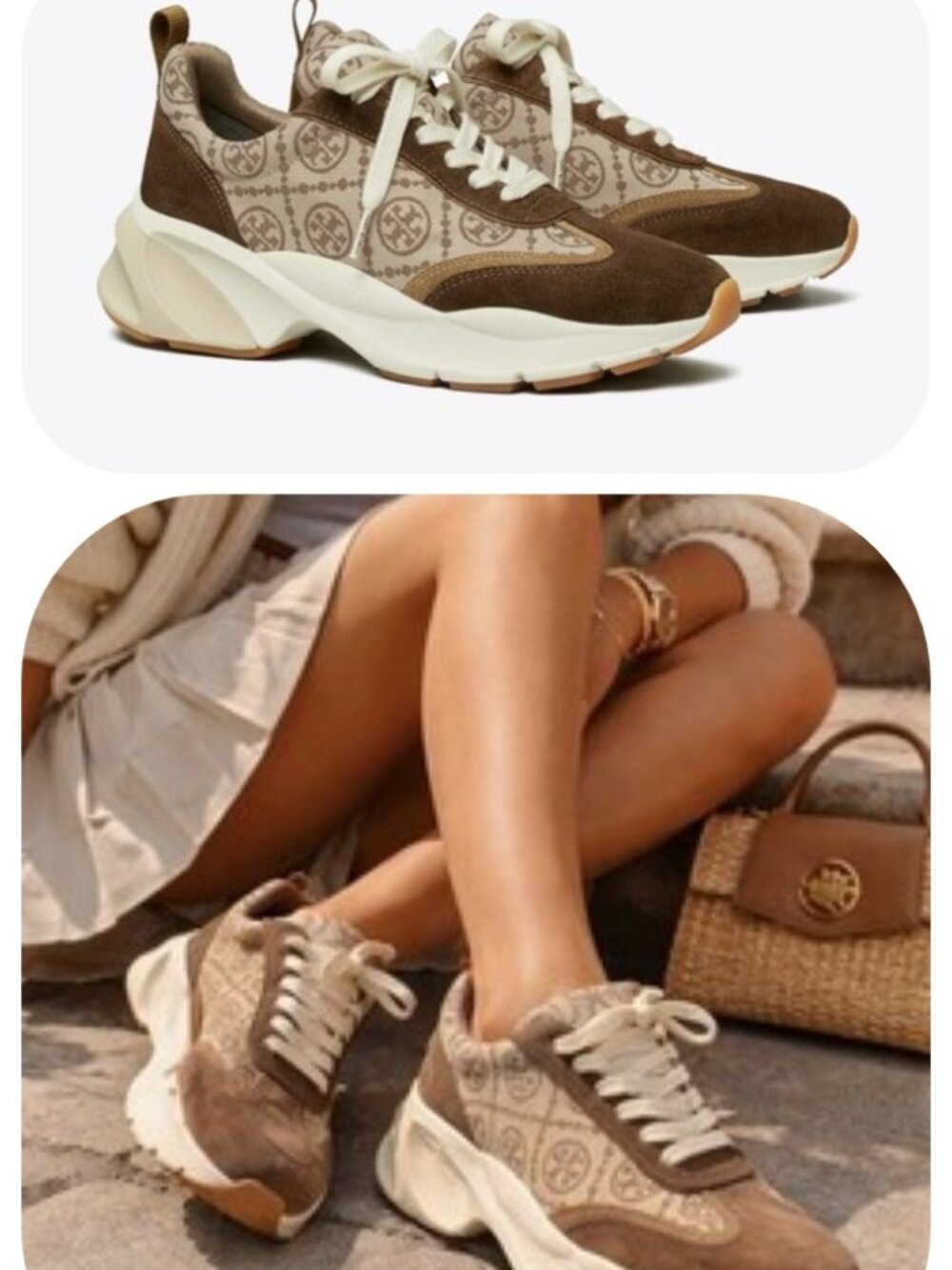 TORY BURCH 11M T Monogram Good Luck Trainer Sneaker Hazel Brown Jacquard Suede
